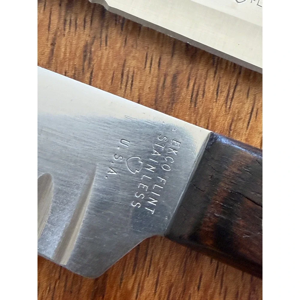 Vintage Ekco Flint Eterna Knife 4pc Stainless Wood Handle USA Slicer Serrated